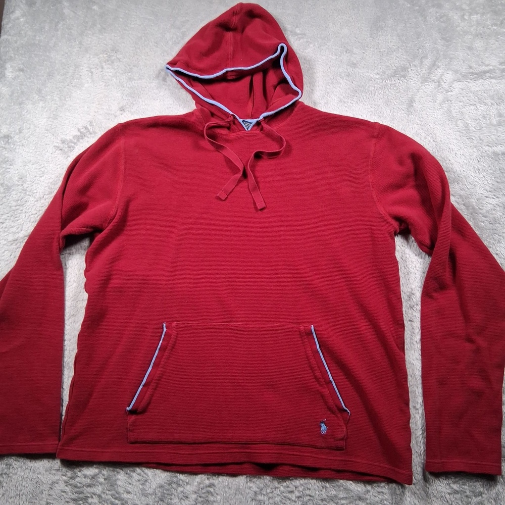 Polo Ralph Lauren Pajama Shirt Mens Large Red Waffle Knit Hooded Sleep Lounge
